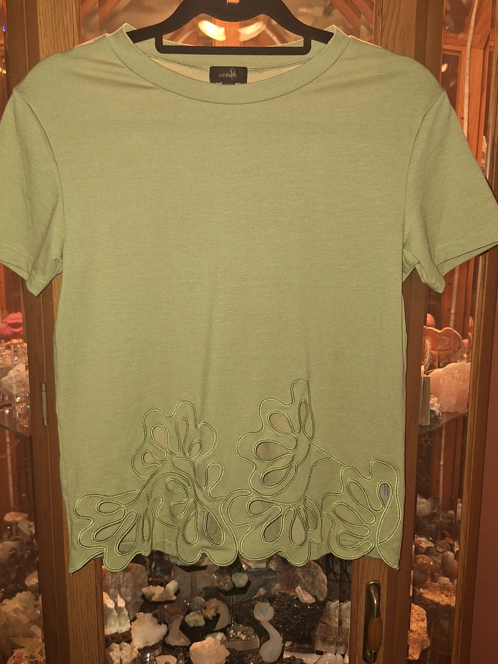 On Twelfth Olive Green Short Sleeve Tee with Floral Cutout Embroidered Edge Hem